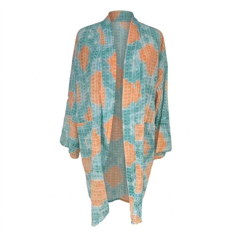 NEW Ruby Rd Woman Plus 2X Kimono Cardigan Spring Breeze‎ Blue Orange Eyelet